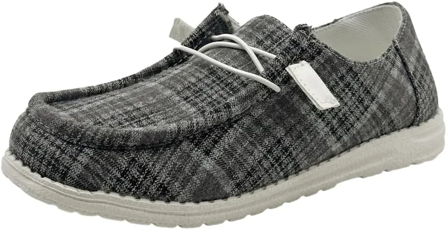 Women's Textured Pattern Lace-up Tied Canvas Flat Shoes, Round Toe Slip-on Casual Dressy Loafers, Lightweight Comfortable Easy-Walk Anti-Slip Sneakers, Grey or Rose-Red, All Season Fit, Size6-11