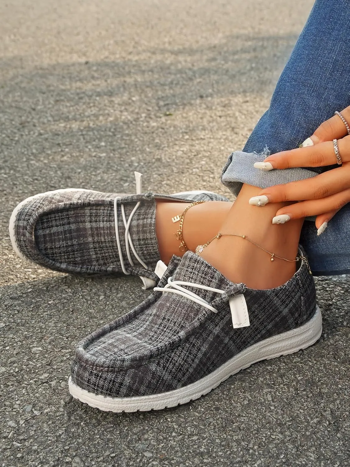 Women's Textured Pattern Lace-up Tied Canvas Flat Shoes, Round Toe Slip-on Casual Dressy Loafers, Lightweight Comfortable Easy-Walk Anti-Slip Sneakers, Grey or Rose-Red, All Season Fit, Size6-11