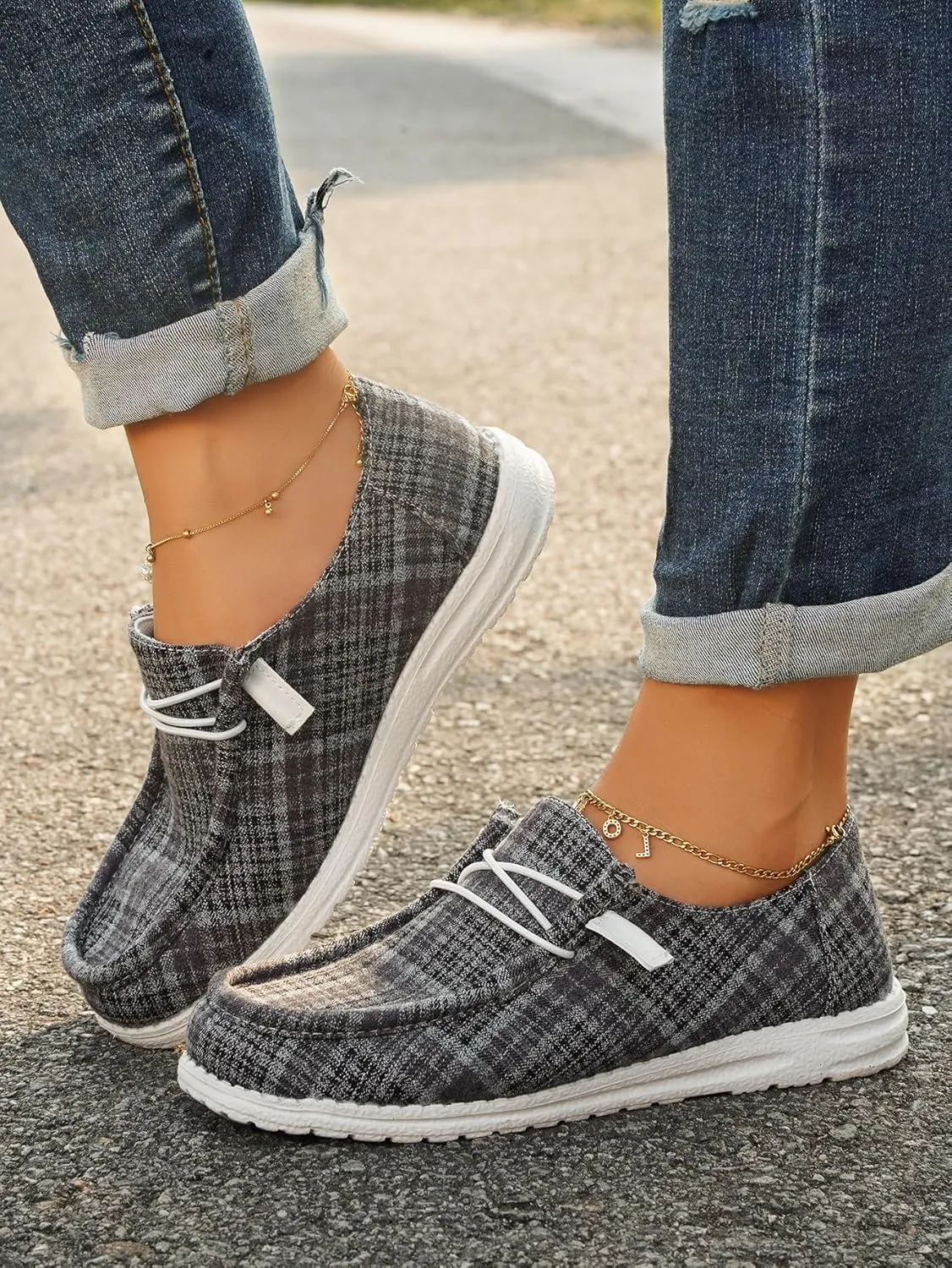 Women's Textured Pattern Lace-up Tied Canvas Flat Shoes, Round Toe Slip-on Casual Dressy Loafers, Lightweight Comfortable Easy-Walk Anti-Slip Sneakers, Grey or Rose-Red, All Season Fit, Size6-11