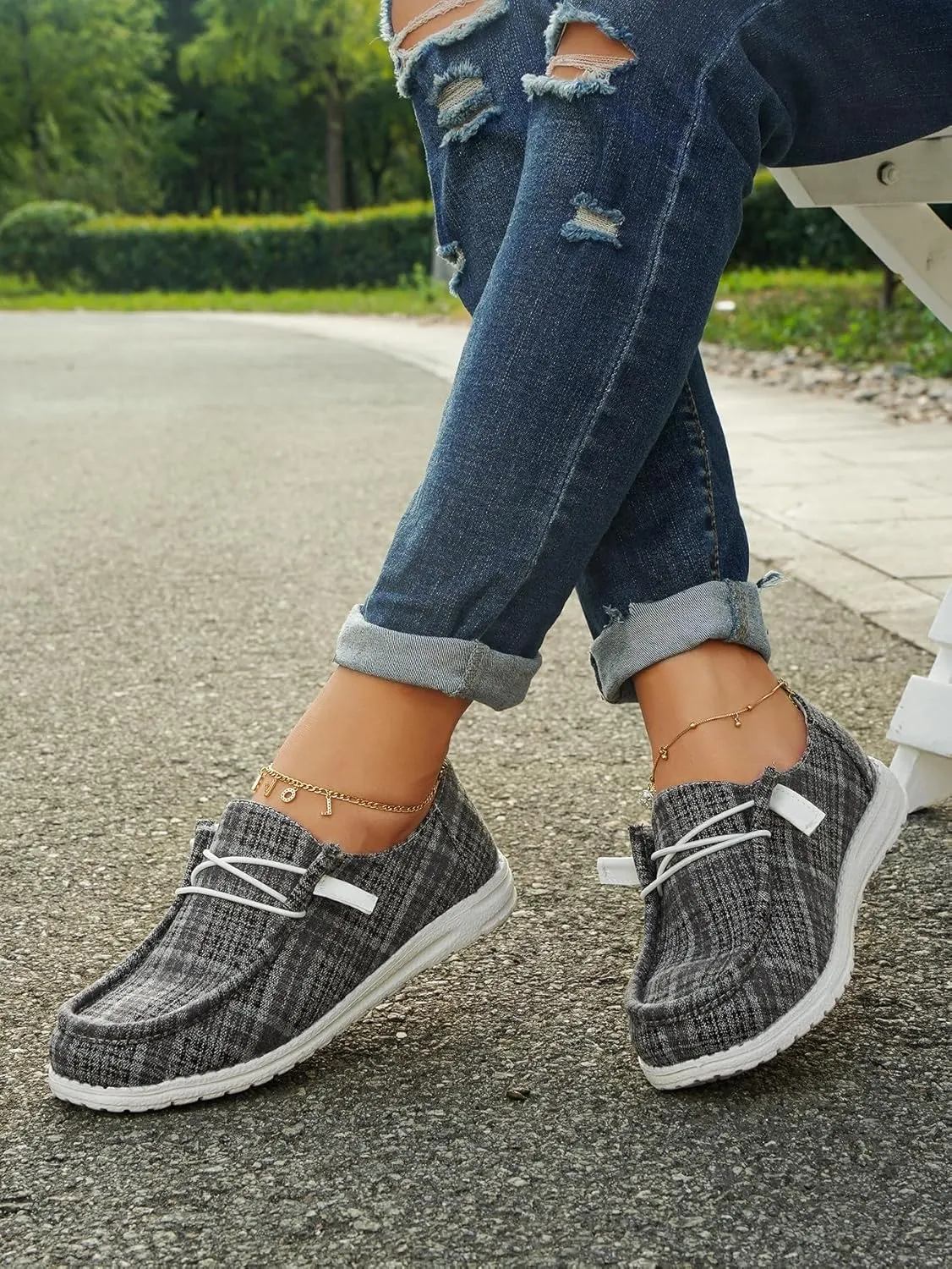 Women's Textured Pattern Lace-up Tied Canvas Flat Shoes, Round Toe Slip-on Casual Dressy Loafers, Lightweight Comfortable Easy-Walk Anti-Slip Sneakers, Grey or Rose-Red, All Season Fit, Size6-11