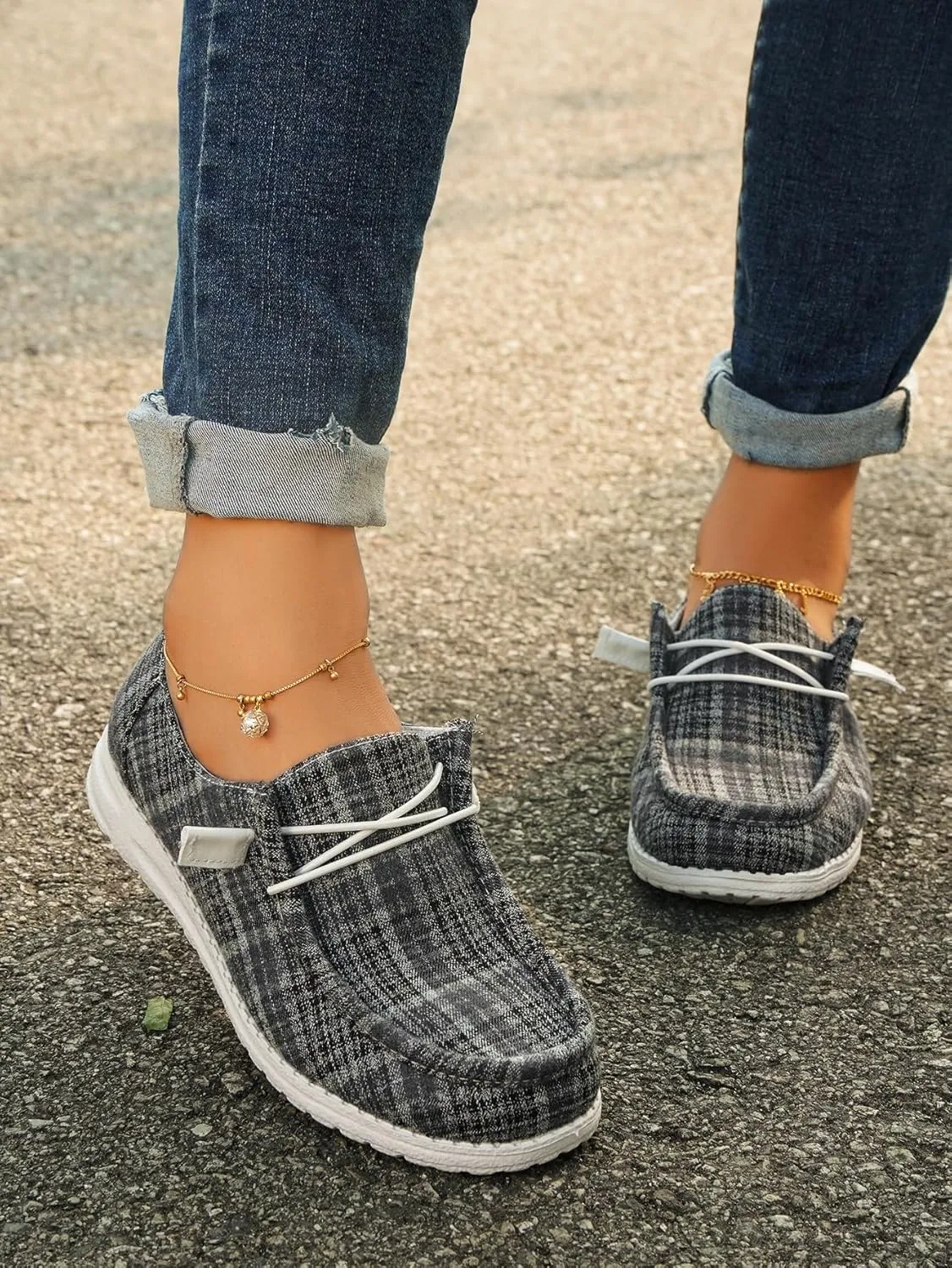 Women's Textured Pattern Lace-up Tied Canvas Flat Shoes, Round Toe Slip-on Casual Dressy Loafers, Lightweight Comfortable Easy-Walk Anti-Slip Sneakers, Grey or Rose-Red, All Season Fit, Size6-11