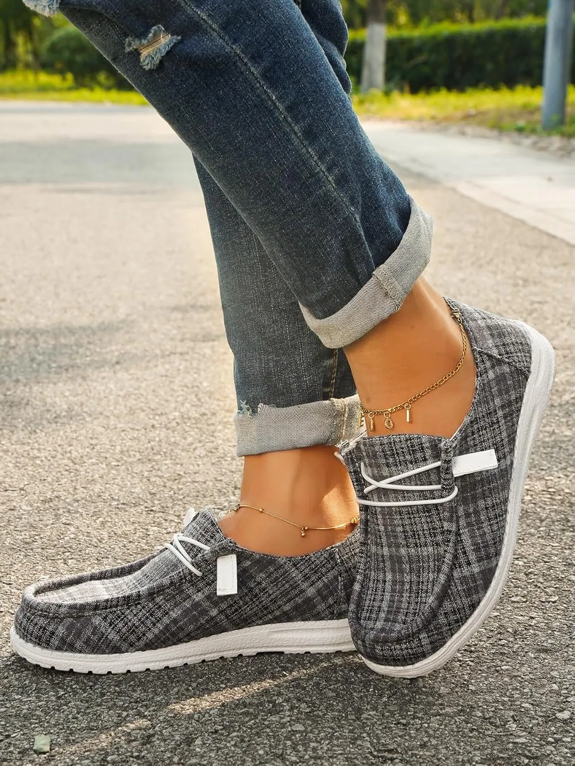 Women's Textured Pattern Lace-up Tied Canvas Flat Shoes, Round Toe Slip-on Casual Dressy Loafers, Lightweight Comfortable Easy-Walk Anti-Slip Sneakers, Grey or Rose-Red, All Season Fit, Size6-11