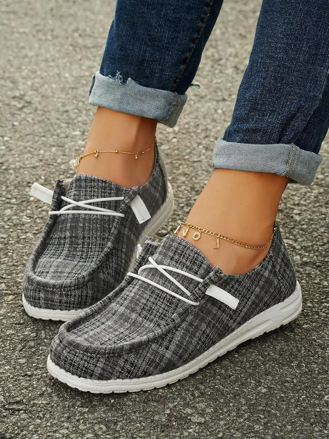 Women's Textured Pattern Lace-up Tied Canvas Flat Shoes, Round Toe Slip-on Casual Dressy Loafers, Lightweight Comfortable Easy-Walk Anti-Slip Sneakers, Grey or Rose-Red, All Season Fit, Size6-11
