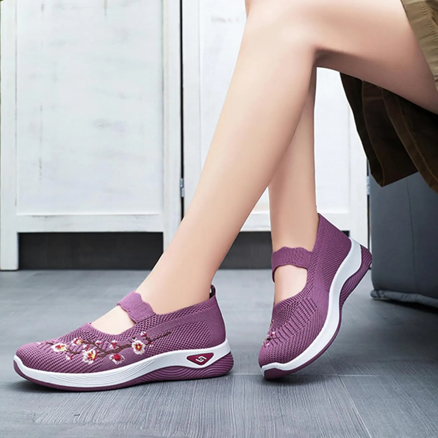 Women's Woven Orthopedic Breathable Soft Shoes Fashion Floral Embroidery Walking Shoes Comfy Platform Non Slip Work Shoe Casual Walking Sneakers