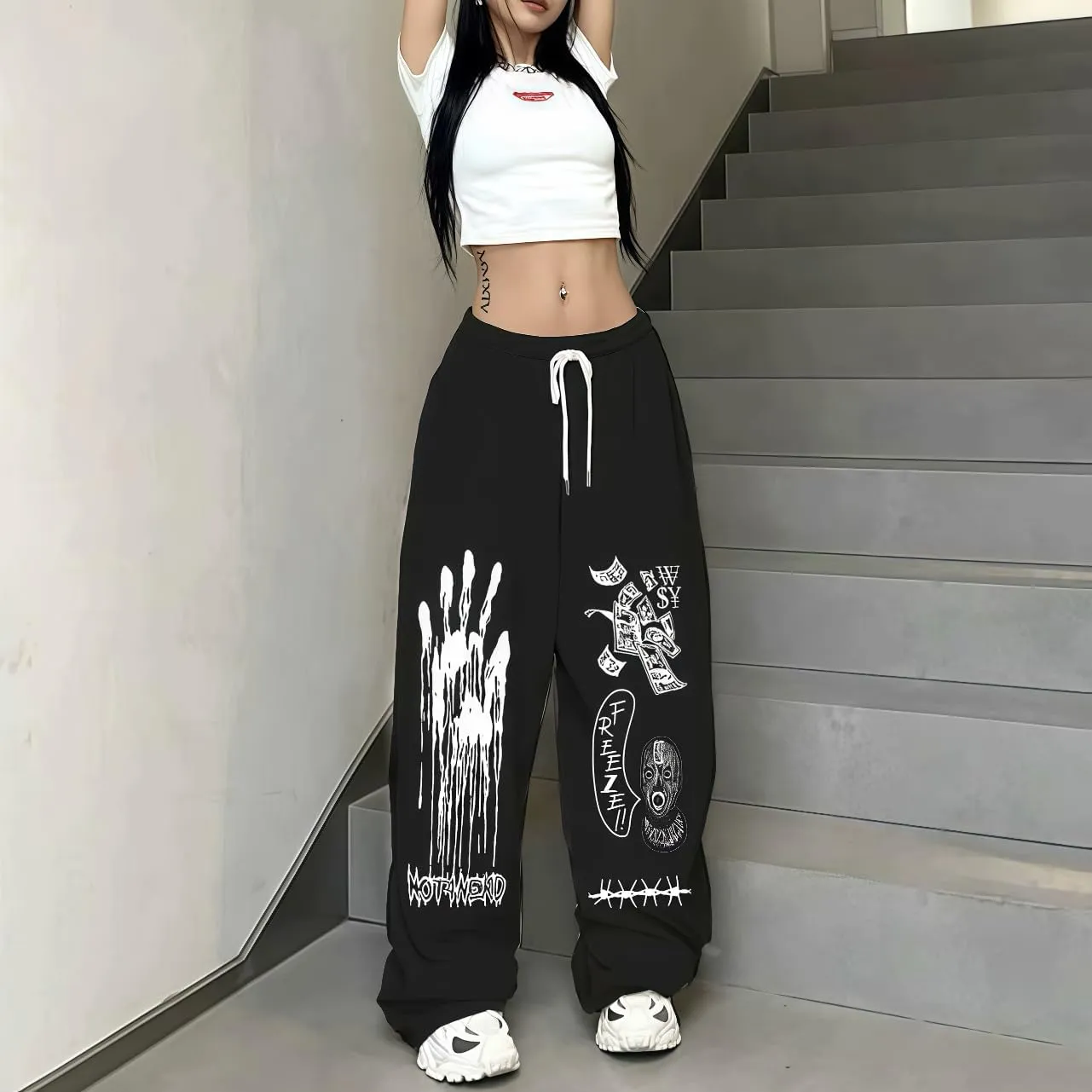 Y2k Harajuku Palm Dollar Gothic Cartoon Letter Print Sweatpants Hiphop Graffiti Streetwear Grunge Baggy Casual Pants